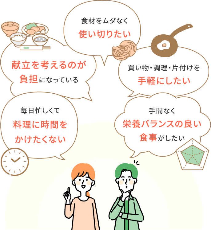 ”食材をムダなく使い切りたい/献立を考えるのが負担になっている/買い物・調理・片付けを手軽にしたい/毎日忙しくて料理に時間をかけたくない/手間なく栄養バランスの良い食事がしたい”