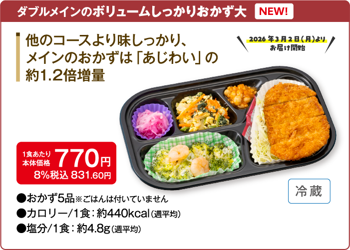 「ダブルメインのボリュームしっかりおかず大」他のコースより味しっかり、メインのおかずは「あじわい」の約1.2倍増量